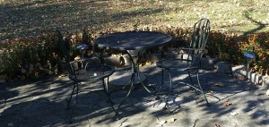 Outdoor Metal Table with Chairs-Bistro Table with Two Metal Arm Chairs