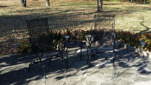 Outdoor Metal Table with Chairs-Two Metal Rocking Chairs with Square Side Table