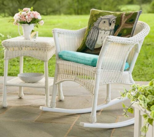 White Wicker Patio Furniture-Easy Care Rocker and side table