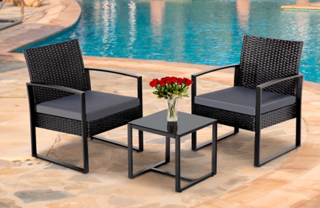 SmileMart Resin Rattan Bistro Set With Black seat Cushions