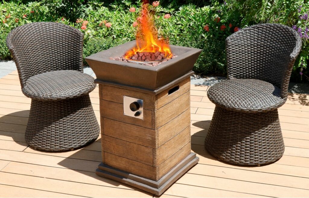 Backyard Patio Fire Pit Ideas-Modern Depo Gas fir pit with 2 swivel chairs
