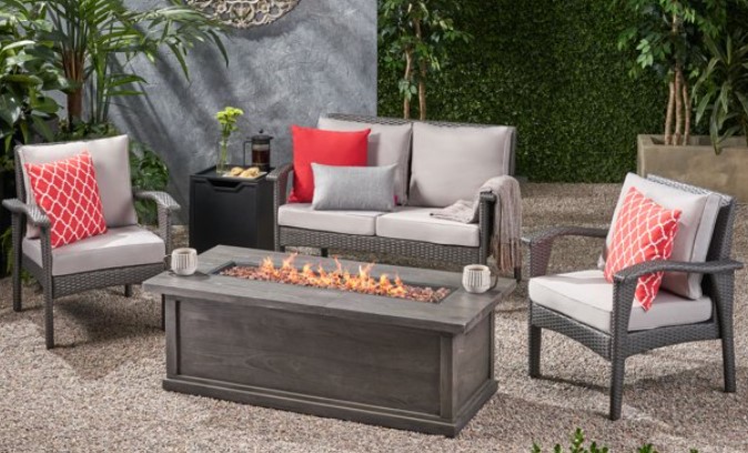 Kingsfield love seat and chairs with fire pit