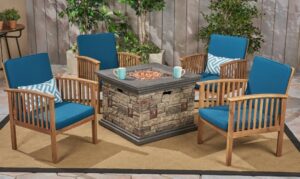 Tucson chat set with fire pit and dark teal cushions