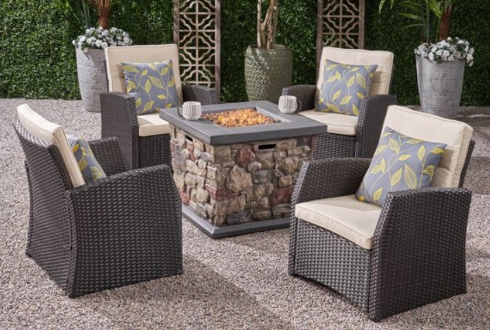 Propane Propane Fire Pit Patio Set - Bexley Club Chairs with stacked stone fire pit