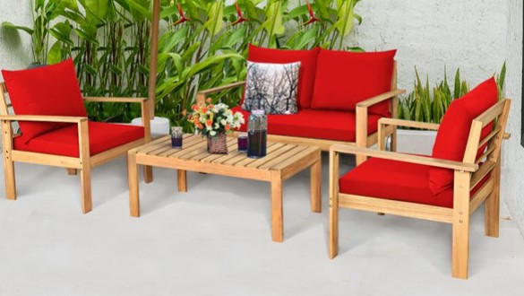 Costway Acacia Wood Conversation Set with red cushions