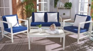Safavieh Montez white wood blue cushions and white throw pillows