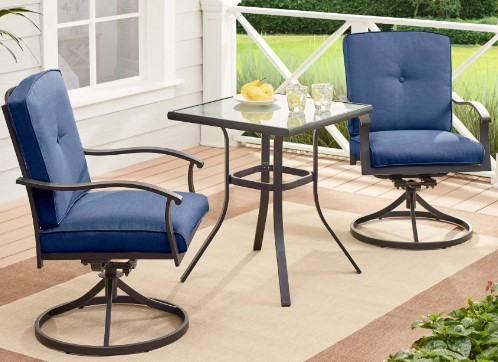 Mainstays Belden Park 3 piece bistro set with blue cushions