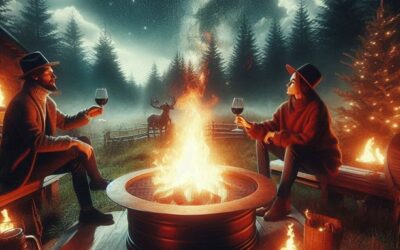 2 people sitting around a firepit with a glass of wine
