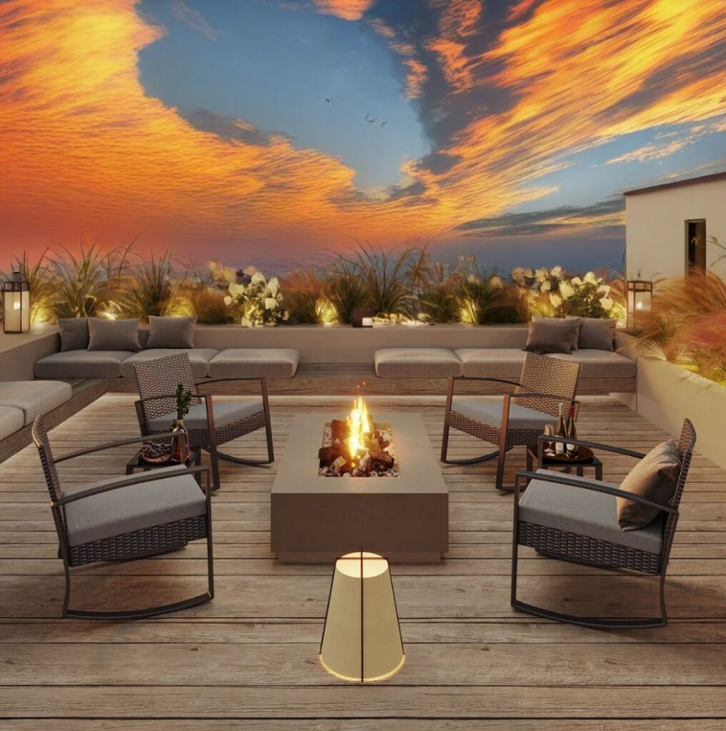 Outdoor living space with 4 chairs and a firepit