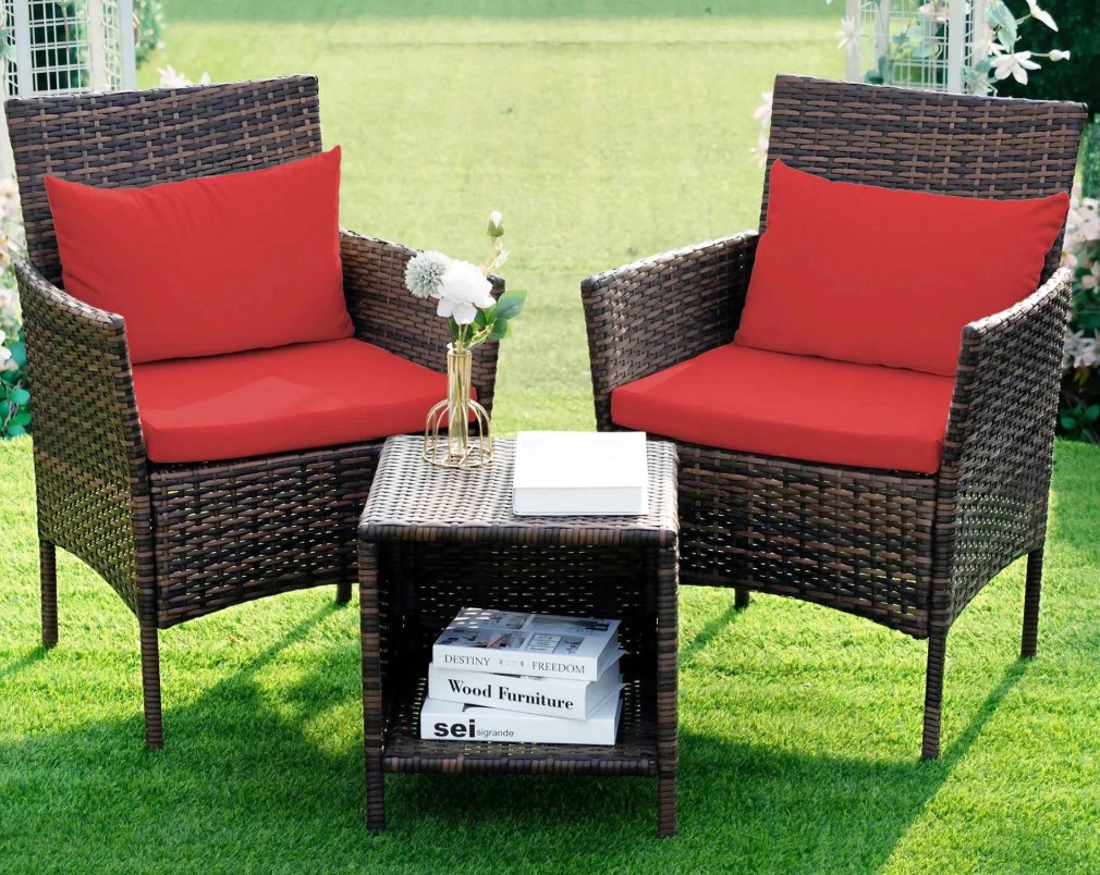 Tappio wicker bistro set with red cushions