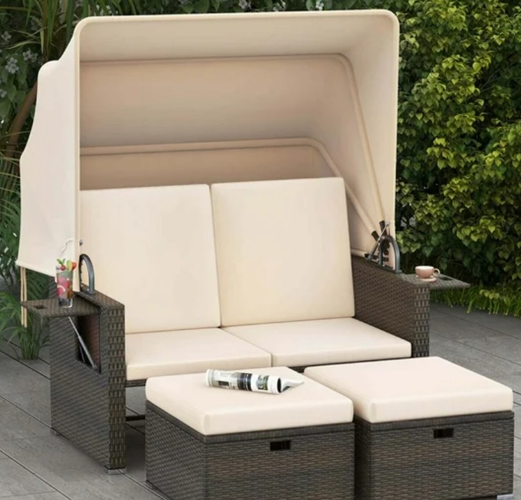 Costway patio wicker daybed with retractable canopy and ottomans with storage