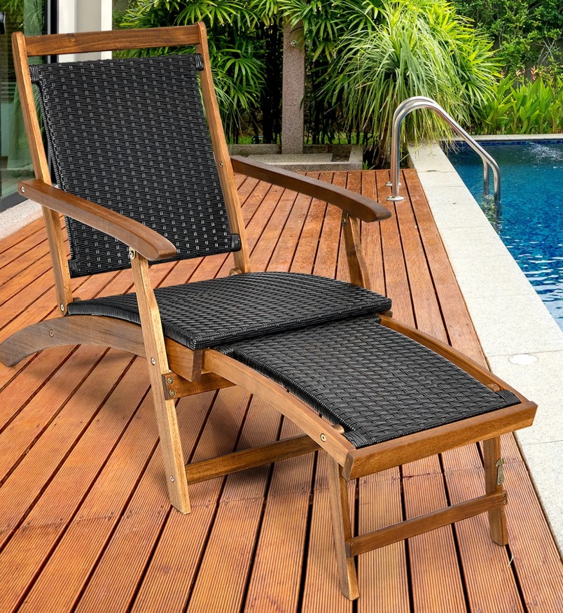 Costway wooden lounge chair by the pool