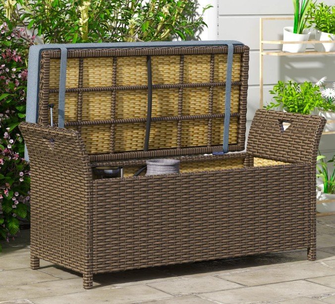 Outsunny 27 gallon patio wicker bench with storage