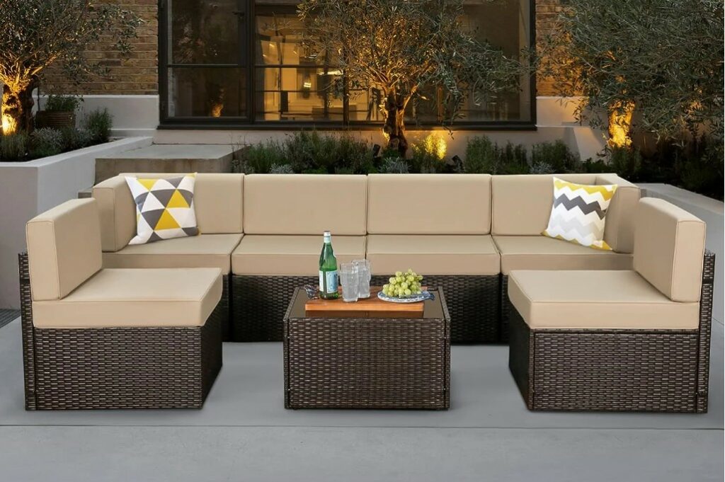 Yodolla 7 piece resin wicker section conversation set-beige