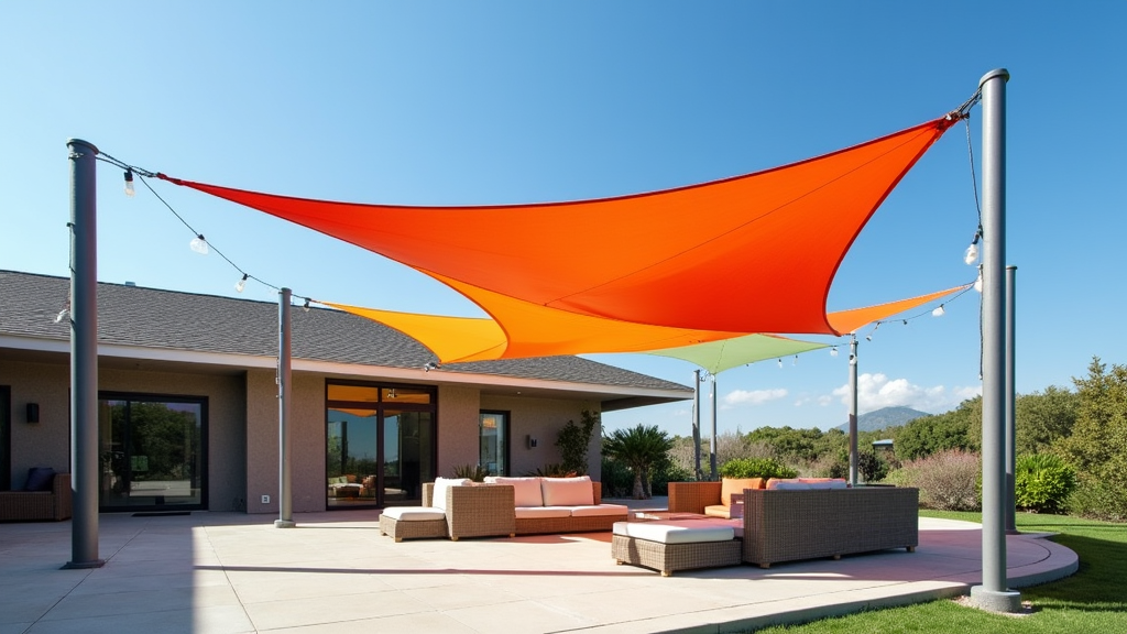 Sun shade sail installed over a modern patio