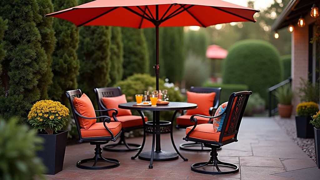 Cozy patio bistro set with cushions and umbrella