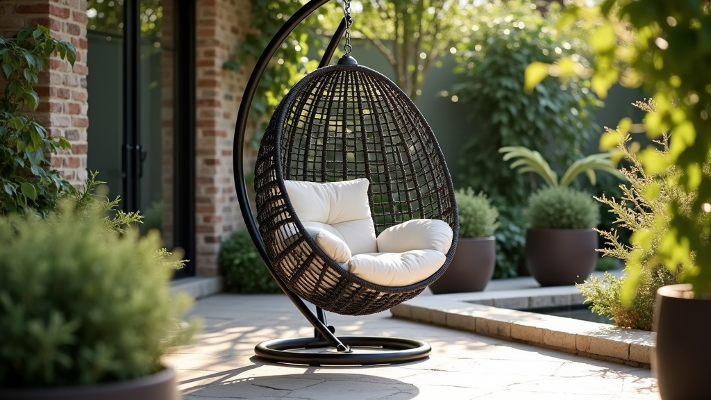 Outdoor patio with an egg chair