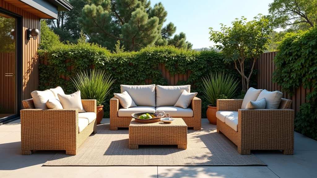 Wicker patio conversation set on a sunny day with greenery surrounding it