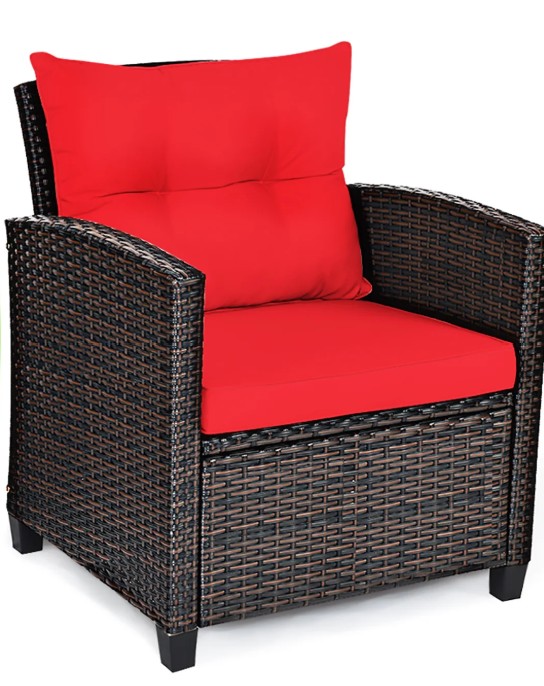 Costway rattan bistro set chair details with red cushions