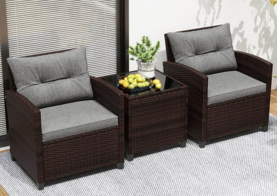 Costway rattan bistro set with gray cushions