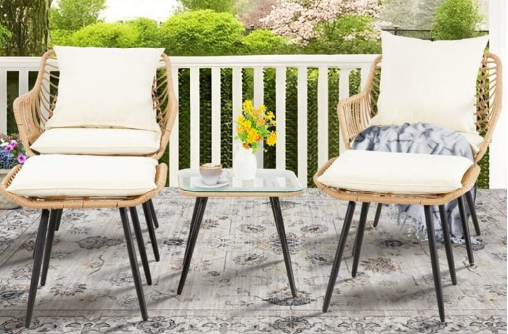 FHFO bistro set with optional ottomans, square glass top table and beige cushions