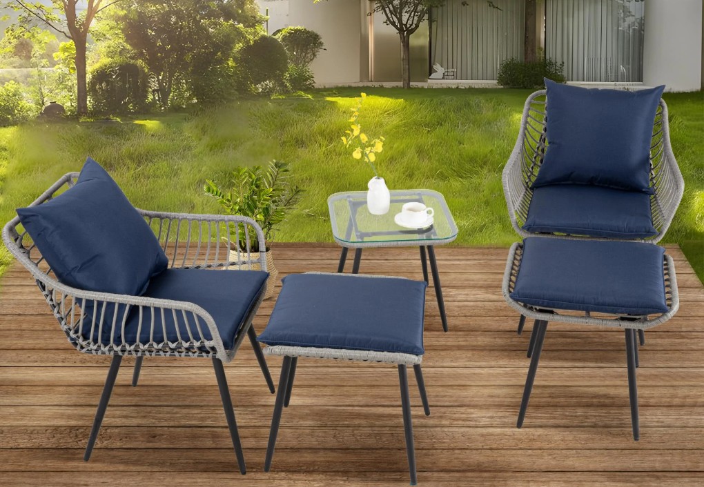 FHFO bistro set with optional ottomans, square glass top table and blue cushions