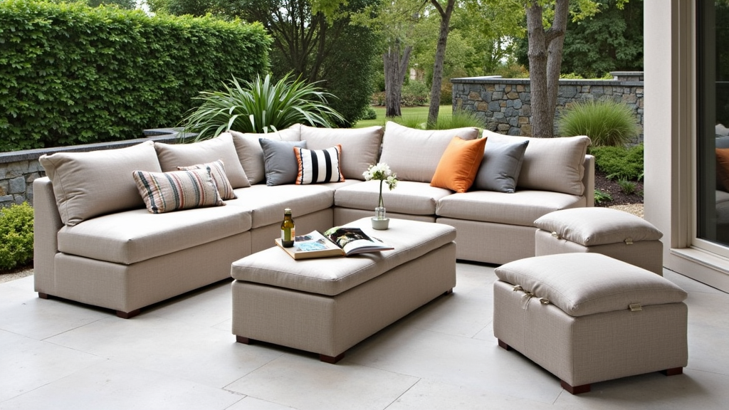 A cozy outdoor patio setup featuring stylish storage ottomans, a coffee table with a hidden compartment, and benches with concealed storage, all blending seamlessly with the decor.