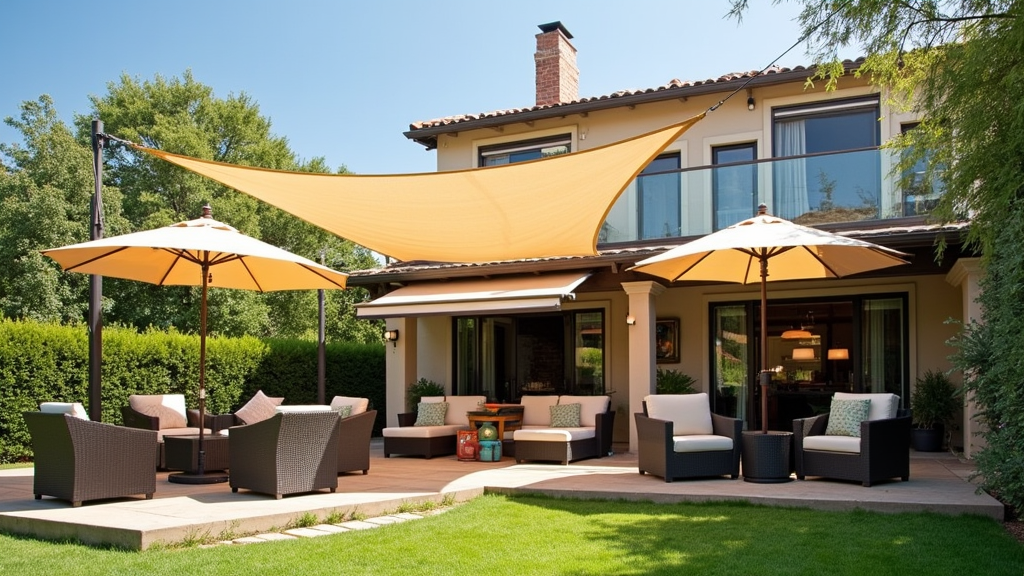 A mix of outdoor umbrellas and shade sails covering a cozy patio lounge and dining area under the midday sun.