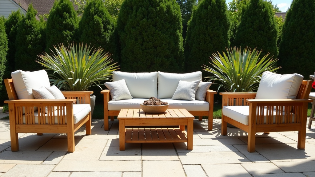 A sunny backyard patio featuring a teak, acacia, and eucalyptus wooden chat set on stone pavers with lush greenery in the background