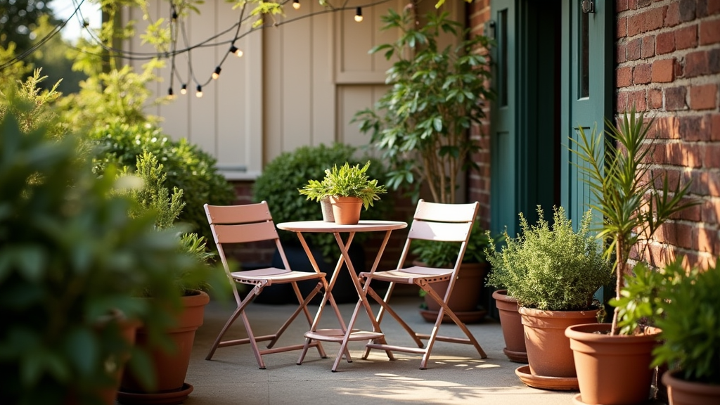 Bright, inviting small patio with modern compact table set, surrounded by plants and decorative cushions
