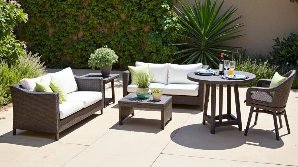 Close-up of a stylish patio chat set with a small table, set for coffee and wine, surrounded by plants.