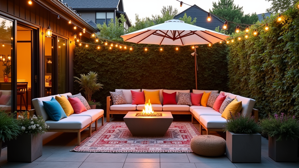 cozy modern outdoor room with throw pillows, rug, plants, and string lights