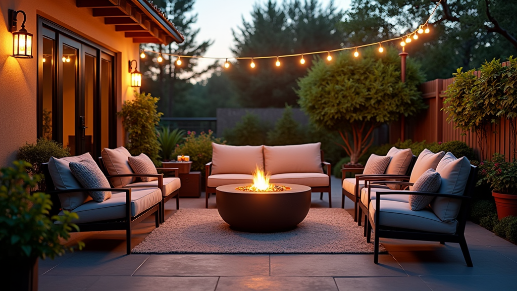 Cozy patio with comfy chairs, string lights, and a fire pit.