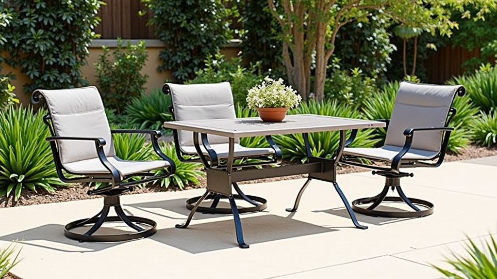 Modern metal patio chat set with plush cushions on a sunny backyard patio, surrounded by green plants.