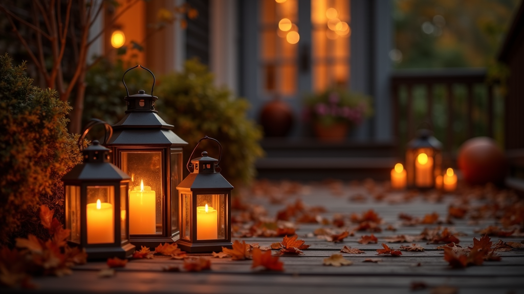 A collection of stylish outdoor lanterns glowing on a cozy autumn patio with fallen leaves.