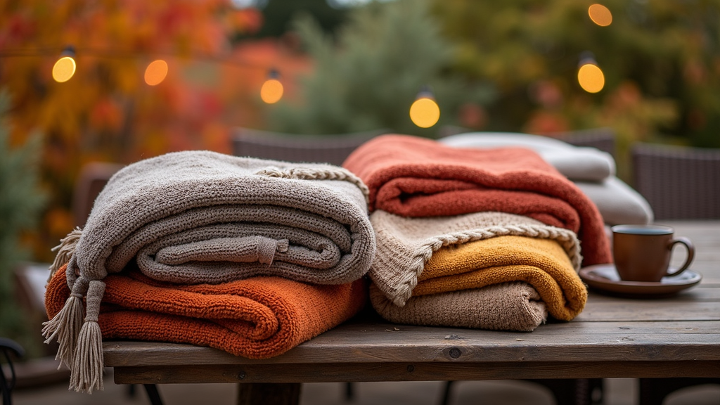 A variety of throw blankets arranged on an outdoor lounge chair beside autumn foliage and a mug on a small table