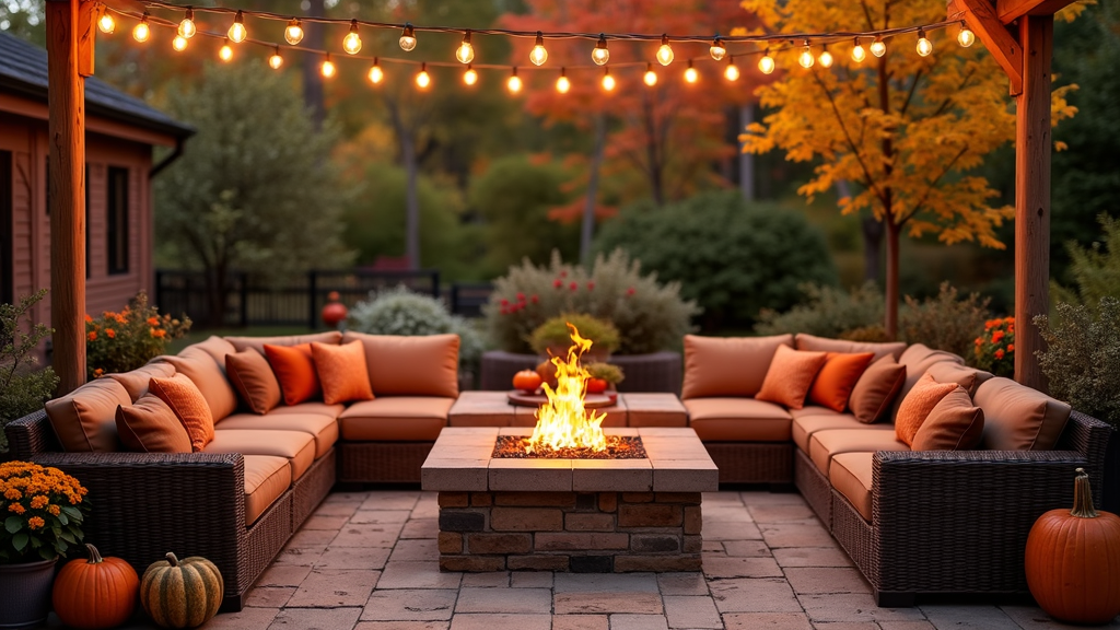 An inviting patio decorated with fall-themed decor, soft pillows, and glowing lights beneath colorful autumn trees.