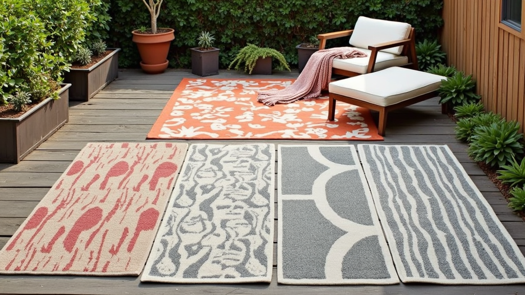 Assortment of stylish outdoor rugs in different patterns and colors on a wooden deck next to plants and outdoor furniture.