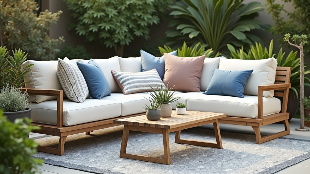 Colorful outdoor throw pillows on patio furniture, arranged outdoors with plants and soft lighting