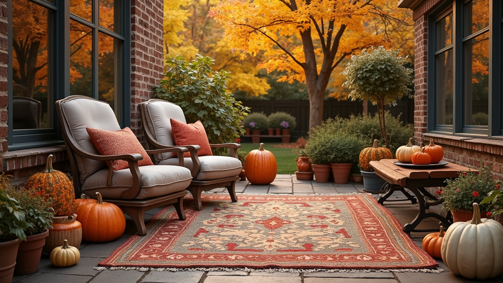 fall patio with layered outdoor rugs, cozy chairs, and pumpkins under autumn trees