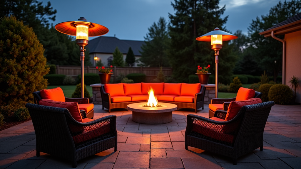 Outdoor heaters and fire pits on a patio at dusk.