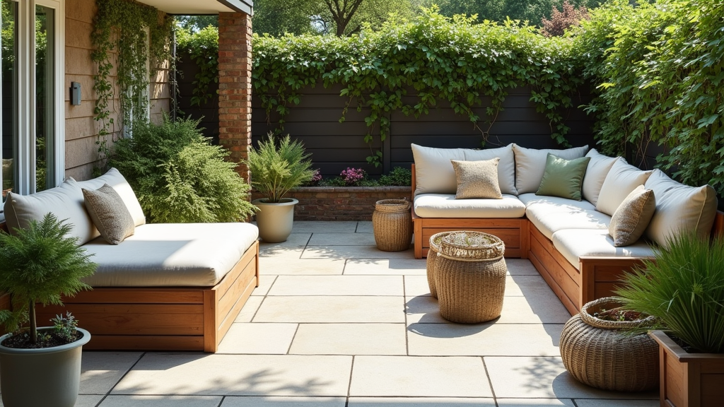Wide patio with a wooden storage bench, decorative plants, and pillows